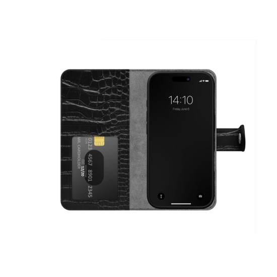 iDeal of Sweden Magnet Wallet+ Case with MagSafe priekš Apple iPhone 17 Pro Max / 18 Pro Max - Black Croco - mākslīgās ādas sāniski atverams maciņš ar bamperu uz magnēta