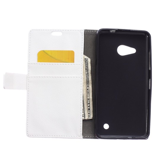 Litchi Skin Leather Wallet Case for Microsoft Lumia 550 - White - sāniski atverams maciņš ar stendu (ādas maks, grāmatiņa, leather book wallet case cover stand)
