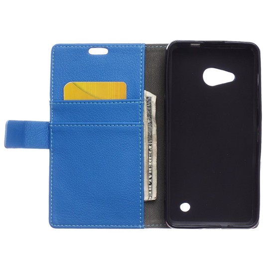Litchi Skin Leather Wallet Case for Microsoft Lumia 550 - Blue - sāniski atverams maciņš ar stendu (ādas maks, grāmatiņa, leather book wallet case cover stand)