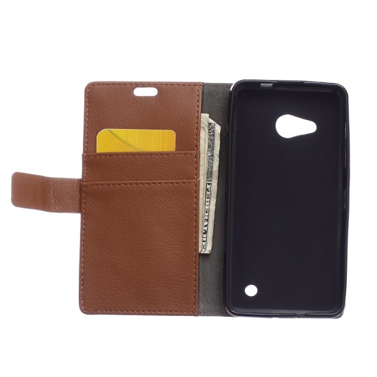 Litchi Skin Leather Wallet Case for Microsoft Lumia 550 - Brown - sāniski atverams maciņš ar stendu (ādas maks, grāmatiņa, leather book wallet case cover stand)