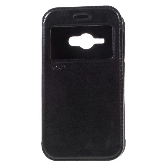 RoarKorea Noble View Samsung Galaxy J1 Ace J110 - Melns - sāniski atverams maciņš ar stendu un lodziņu (ādas maks, grāmatiņa, leather book wallet case cover stand)