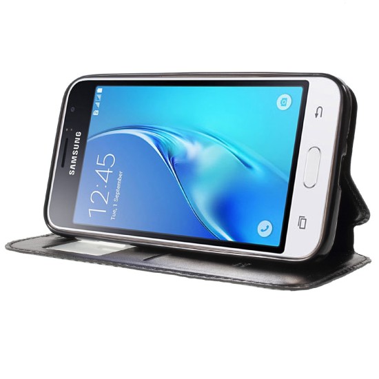 RoarKorea Noble View Samsung Galaxy J1 J120 (2016) - Melns - sāniski atverams maciņš ar stendu un lodziņu (ādas maks, grāmatiņa, leather book wallet case cover stand)