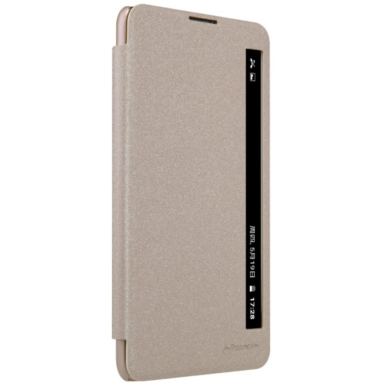 NILLKIN Sparkle Series Smart View Leather Shell for LG Stylus 2 K520 - Gold - sāniski atverams maciņš ar lodziņu (ādas maks, grāmatiņa, leather book wallet case cover)