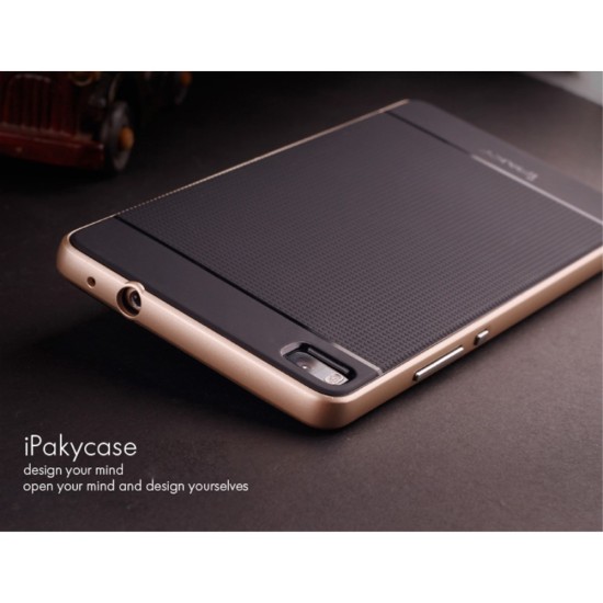 IPAKY Hybrid PC TPU Case for Huawei Ascend P8 - Gold - silikona ar plastikas rāmi aizmugures apvalks (bampers, vāciņš, TPU silicone cover, bumper shell)