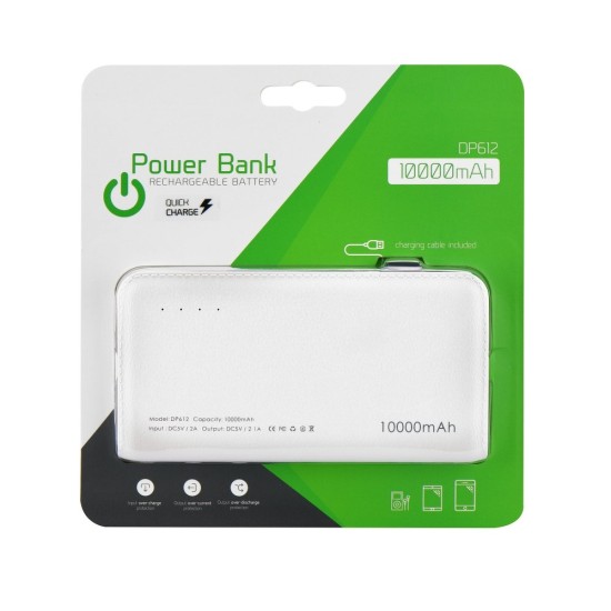 DP612 Power Bank Quick Charge 10000mAh USB 5V 2.1A ligzda - Balts - Universāla ārējas uzlādes batereja lādētājs-akumulators (Power Bank)