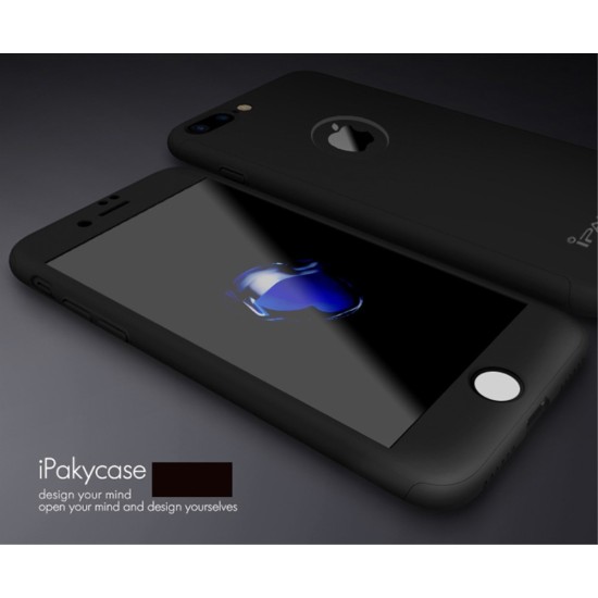 IPAKY Full Protection Hard Cover with Glass (Logo Cutout) priekš Apple iPhone 7 Plus - Melns - plastikas aizmugures apvalks ar aizsardzības stiklu (bampers, vāciņš, PU back cover, bumper shell)