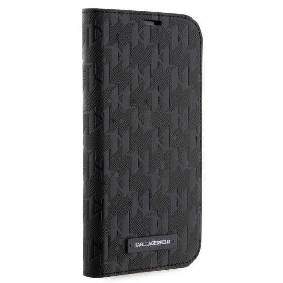 Karl Lagerfeld PU Saffiano Monogram series Book Case KLBKP13LSAKLHPK priekš Apple iPhone 13 Pro - Melns - sāniski atverams maciņš