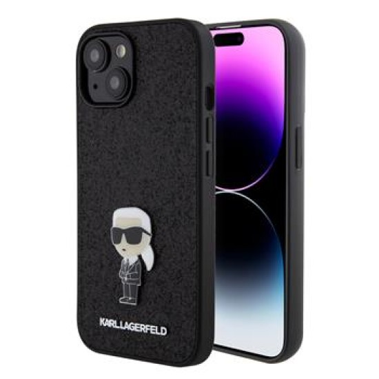 Karl Lagerfeld Fixed Glitter Ikonik Logo Metal Pin series Back Case KLHCP15SGKNPSK priekš Apple iPhone 15 - Melns - silikona-plastikāta aizmugures apvalks / bampers-vāciņš