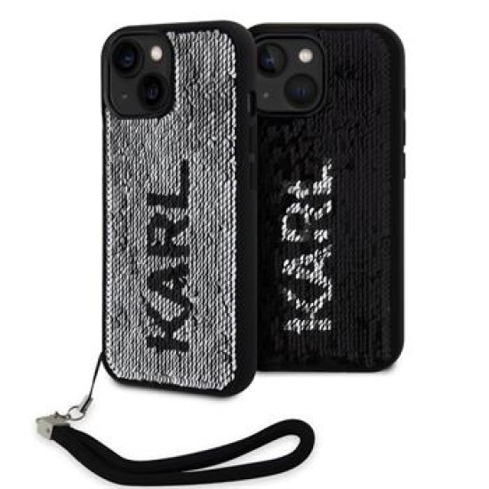 Karl Lagerfeld Sequins Reversible series Back Case KLHCP15SPSQRKS priekš Apple iPhone 15 - Melns / Sudrabains - silikona-plastikāta aizmugures apvalks / bampers-vāciņš