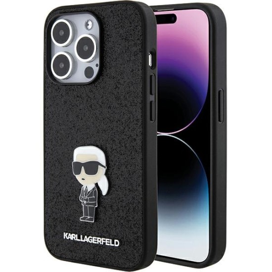 Karl Lagerfeld Fixed Glitter Ikonik Logo Metal Pin series Back Case KLHCP15LGKNPSK priekš Apple iPhone 15 Pro - Melns - silikona-plastikāta aizmugures apvalks / bampers-vāciņš