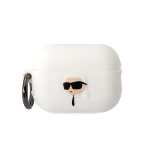 Karl Lagerfeld KLAP2RUNIKH Silicone Karl Head Case priekš Apple Airpods Pro 2 - Balts - silikona apvalks bezvadu austiņu lādēšanas ierīcei ar karabīni