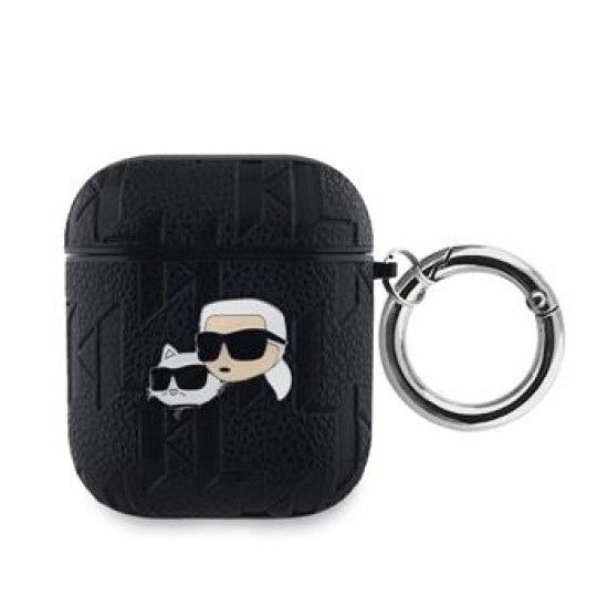 Karl Lagerfeld KLA2PGKCPK Karl and Choupette Heads Series Case priekš Apple Airpods - Melns - mākslīgās ādas apvalks bezvadu austiņu lādēšanas ierīcei