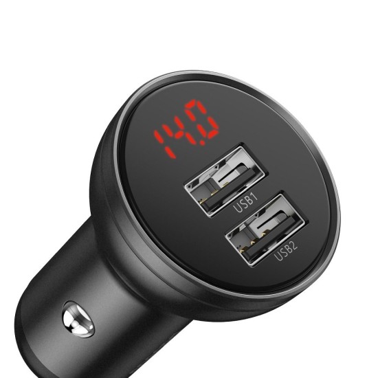 Baseus Digital Display 2xUSB 4.8A / 24W Car Charger - Pelēks - USB Auto lādētājs telefoniem un planšetdatoriem