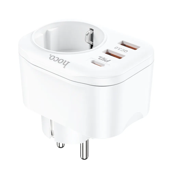 Hoco NS3 Multifunctional Charger Type C + Socket EU PD QC3.0 3A 20W / 2 x USB ligzda - Balts - ļoti ātrs tīkla lādētājs