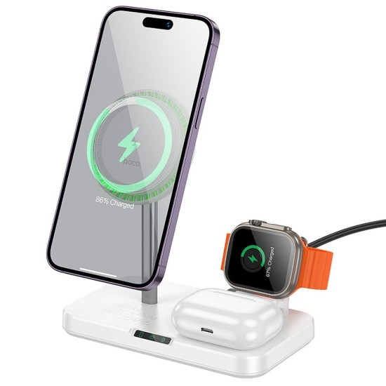 Hoco 3in1 Wireless Charger 15W with MagSafe for Phone / Watch / Earphones - Balts - Induktīvs bezvadu USB lādētājs paliktnis