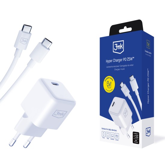 3MK HyperCharger PD / QC 25W with Type-C to Type-C Cable - Balts - USB-C  tīkla lādētājs ar USB-C uz USB-C vadu