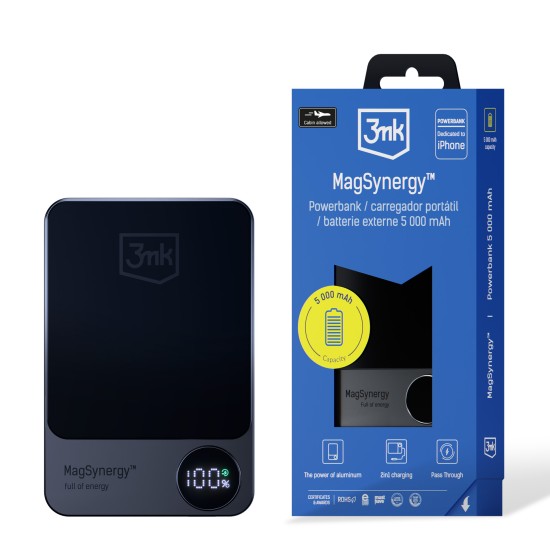 3MK MagSynergy 2in1 Charging 5000mAh MagSafe Powerbank - Melns - Ārējas uzlādes batereja lādētājs-akumulators ar MagSafe (Power Bank)