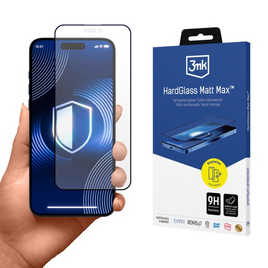 3MK HardGlass Max Matt Tempered Glass protector priekš Apple iPhone 15 Pro - Melns - ekrāna aizsargstikls / bruņu stikls