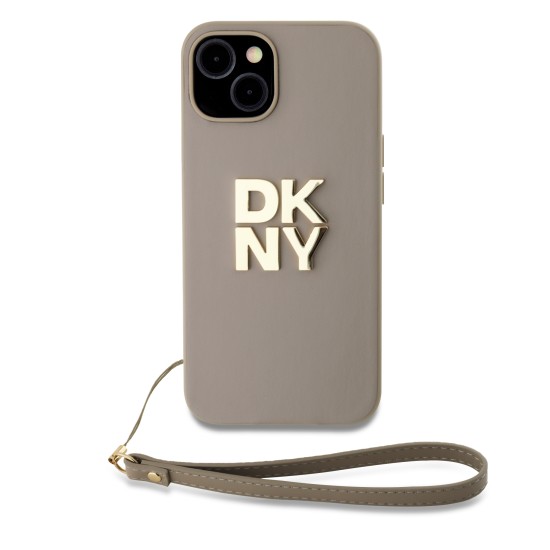 DKNY Stack Logo Wrist Strap Back Case DKHCP14SPBSWSE priekš Apple iPhone 14 - Bēšs - mākslīgās ādas aizmugures apvalks ar auklu / bampers-vāciņš