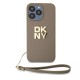 DKNY Stack Logo Wrist Strap Back Case DKHCP14LPBSWSE priekš Apple iPhone 14 Pro - Bēšs - mākslīgās ādas aizmugures apvalks ar auklu / bampers-vāciņš