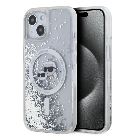 Karl Lagerfeld Liquid Glitter MagSafe Karl and Choupette Heads series Back Case KLHMP15SLGKCSGH priekš Apple iPhone 15 - Sudrabains - silikona-plastikāta aizmugures apvalks / bampers-vāciņš