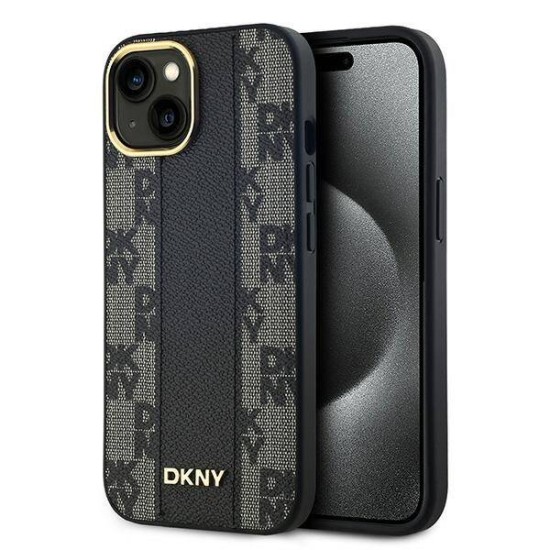 DKNY Checkered Pattern MagSafe Back Case DKHMP15SPCPVSLK priekš Apple iPhone 15 - Melns - mākslīgās ādas aizmugures apvalks ar auklu / bampers-vāciņš