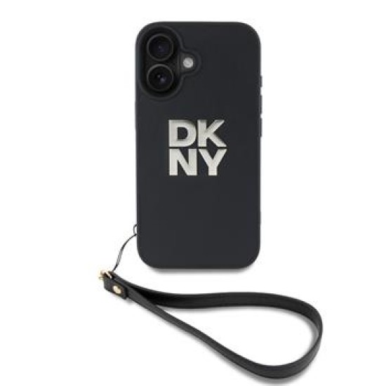 DKNY Stack Logo Wrist Strap Back Case DKHCP16SPBSWSK priekš Apple iPhone 16 - Melns - mākslīgās ādas aizmugures apvalks ar auklu / bampers-vāciņš