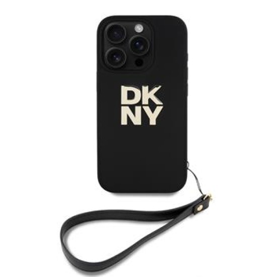 DKNY Stack Logo Wrist Strap Back Case DKHCP16LPBSWSK priekš Apple iPhone 16 Pro - Melns - mākslīgās ādas aizmugures apvalks ar auklu / bampers-vāciņš