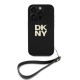 DKNY Stack Logo Wrist Strap Back Case DKHCP16XPBSWSK priekš Apple iPhone 16 Pro Max - Melns - mākslīgās ādas aizmugures apvalks ar auklu / bampers-vāciņš