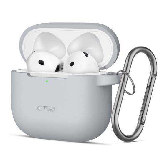 Tech-Protect Silicone Hook Case priekš Apple Airpods 4 - Pelēks - silikona apvalks bezvadu austiņu lādēšanas ierīcei ar karabīni