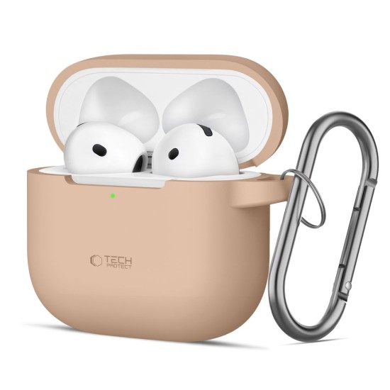 Tech-Protect Silicone Hook Case priekš Apple Airpods 4 - Bēšs - silikona apvalks bezvadu austiņu lādēšanas ierīcei ar karabīni