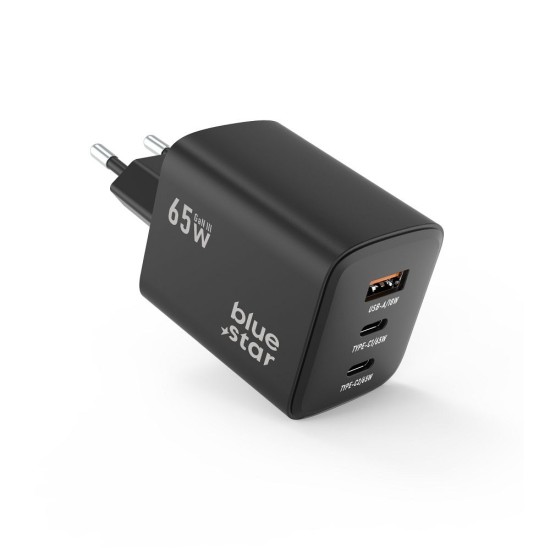 BlueStar VT-43 65W PD / QC 4.0 Gan Travel Charger 2x Type-C / 1x USB - Melns - Ļoti ātrs universāls tīkla lādētājs