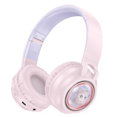 Hoco (W50) Cute Cat Bluetooth 5.3 Wireless Headphones with RGB Light - Rozā - Universālas Bezvadu Austiņas