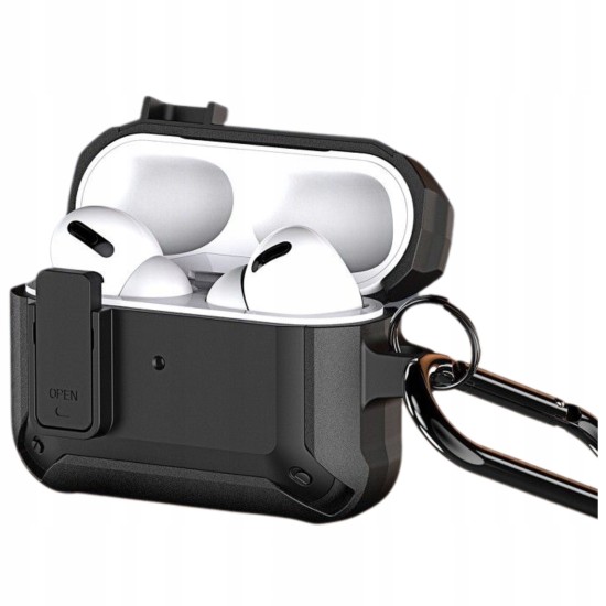 Dux Ducis Peco Armor Protective Case для Apple Airpods Pro 2 - Чёрный - противоударный силиконовый-пластиковый чехол для футляра зарядки беспроводных наушников с карабином