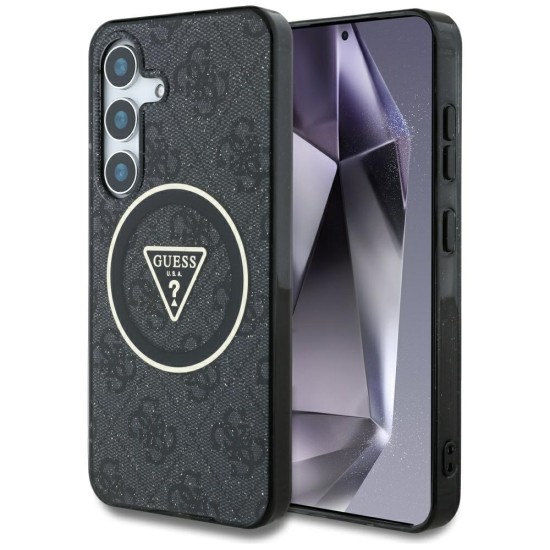 Guess 4G Glitter and Triangle Logo Collection MagSafe Back Case GUHMS25MHG4PRTGK priekš Samsung Galaxy S25 Plus 5G S936 - Melns - mākslīgās ādas aizmugures apvalks / bampers-vāciņš