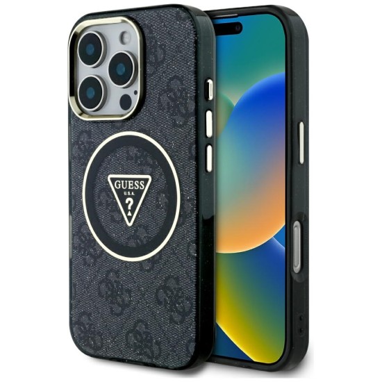 Guess 4G Glitter and Triangle Logo Collection MagSafe Back Case GUHMP16XHG4PRTGK priekš Apple iPhone 16 Pro Max - Melns - mākslīgās ādas aizmugures apvalks / bampers-vāciņš