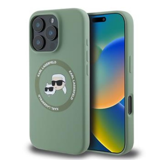 Karl Lagerfeld Silicone Double Heads And Circle MagSafe series Back Case KLHMP16LSKCHTCA priekš Apple iPhone 16 Pro - Zaļš - silikona aizmugures apvalks / bampers-vāciņš