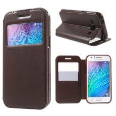 RoarKorea Noble View Samsung Galaxy J1 J100 Wake/Sleep - Brūns - sāniski atverams maciņš ar stendu un lodziņu (ādas maks, grāmatiņa, leather book wallet case cover stand)