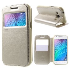 RoarKorea Noble View Samsung Galaxy J1 J100 Wake/Sleep - Zelts - sāniski atverams maciņš ar stendu un lodziņu (ādas maks, grāmatiņa, leather book wallet case cover stand)