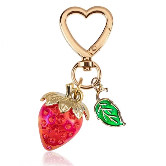 eCarla Gold Heart Key Ring - Red Strawberry - Piekarināms aksesuārs / Somas piekariņš