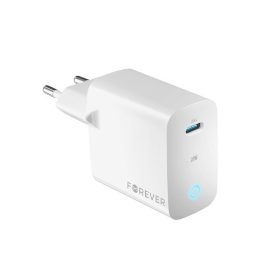 Forever 20W PD / QC Type-C Travel Charger - Balts - Ātrs USB-C tīkla lādētājs