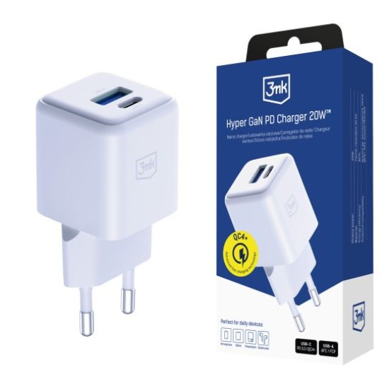 3MK Hyper GaN Charger PPS / PD 3.0 / QC 4+ 20W Type-C / USB ligzda - Balts - ļoti ātrs USB-C un USB tīkla lādētājs