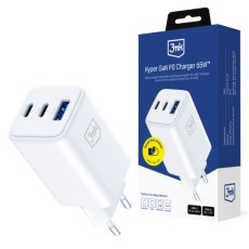 3MK Hyper GaN Charger PPS / PD 3.0 / QC 4+ 65W 2x Type-C / USB ligzda - Balts - ļoti ātrs USB-C un USB tīkla lādētājs
