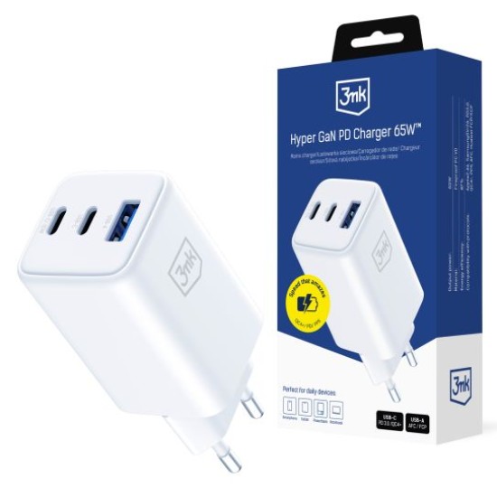 3MK Hyper GaN Charger PPS / PD 3.0 / QC 4+ 65W 2x Type-C / USB ligzda - Balts - ļoti ātrs USB-C un USB tīkla lādētājs