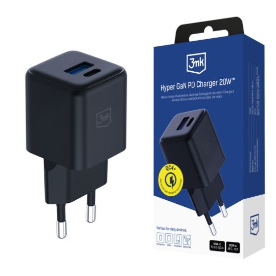3MK Hyper GaN Charger PPS / PD 3.0 / QC 4+ 20W Type-C / USB ligzda - Melns - ļoti ātrs USB-C un USB tīkla lādētājs
