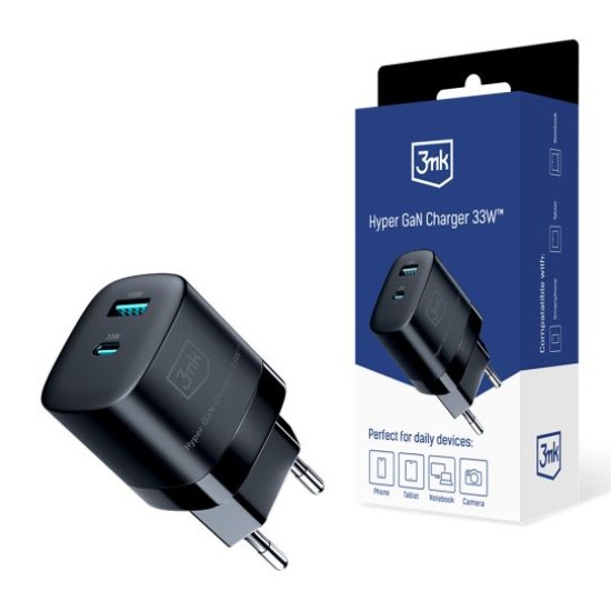 3MK HyperCharger PD / QC 33W Type-C / USB ligzda - Melns - ļoti ātrs tīkla lādētājs