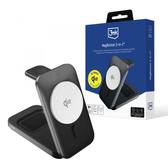 3MK MagRocket 3in1 Wireless QI2 Charger 15W with MagSafe for Phone / Watch / Earphones - Melns - Universāls induktīvs bezvadu lādētājs / statīvs