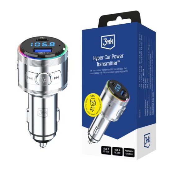 3MK 3in1 PPS Hyper Car Power FM Transmitter Bluetooth 5.3 USB Type-C PD 30W / USB QC 18W - Pelēks - USB FM Transmitteris un auto lādētājs, MP3 Audio atskaņotājs, automašinas bezvadu brīvroku sistēma
