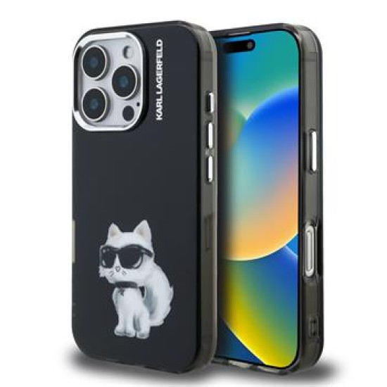 Karl Lagerfeld IML Aquarelle Choupette series Back Case KLHCP16LHMCHAQK priekš Apple iPhone 16 Pro - Melns - silikona aizmugures apvalks / bampers-vāciņš