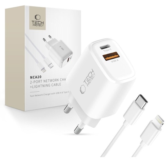Tech-Protect NCA20 Travel charger 1xUSB / 1xType-C socket QC 3.0 / PD 20W with Type-C to Lightning Cable - Balts - Ātrs tīkla lādētājs ar Type-C uz Lightning vadu